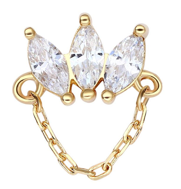 14K Gold Threadless Three Marquise CZ with Chain Pushin Top