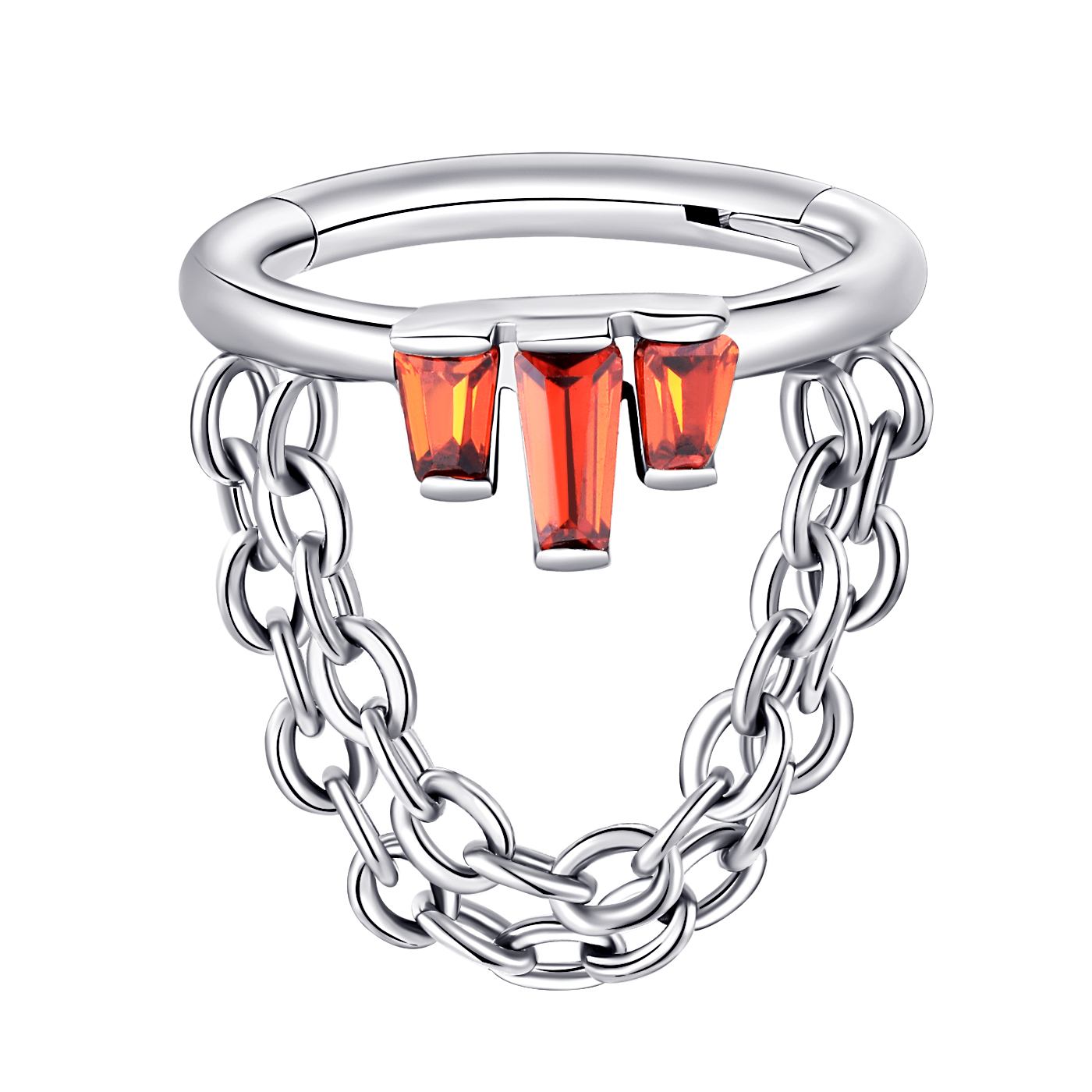 ASTM F136 Titanium Red Rectangular Trapezoid CZ Paved With Dangling Chain Hinged Segment Ring