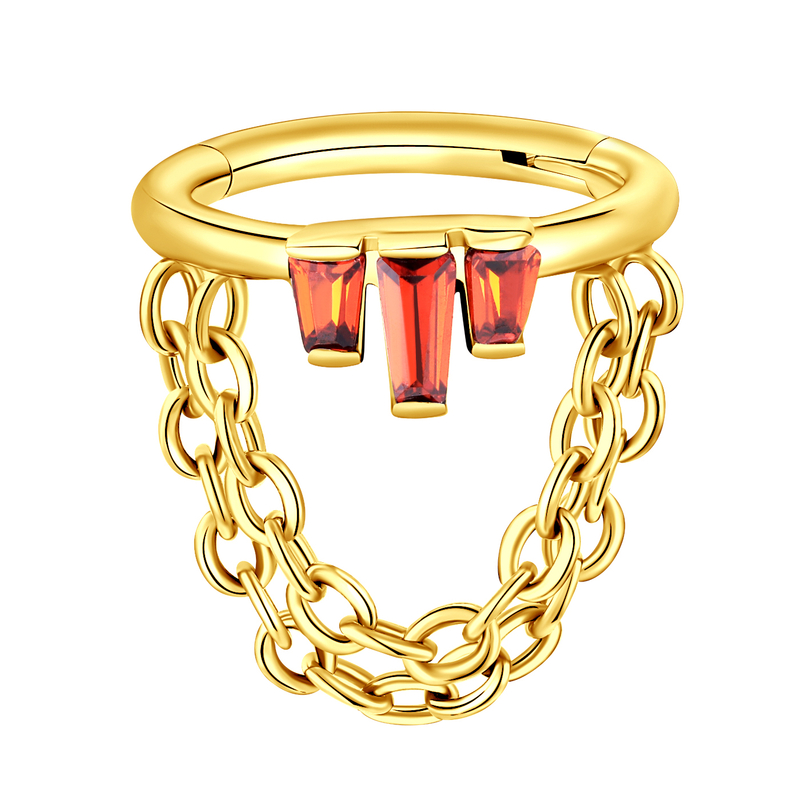 ASTM F136 Titanium Red Rectangular Trapezoid CZ Paved With Dangling Chain Hinged Segment Ring