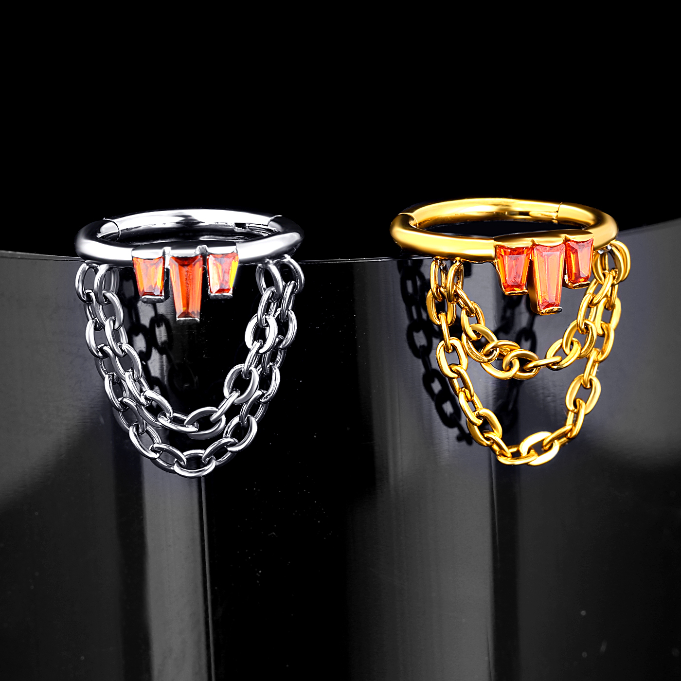 ASTM F136 Titanium Red Rectangular Trapezoid CZ Paved With Dangling Chain Hinged Segment Ring