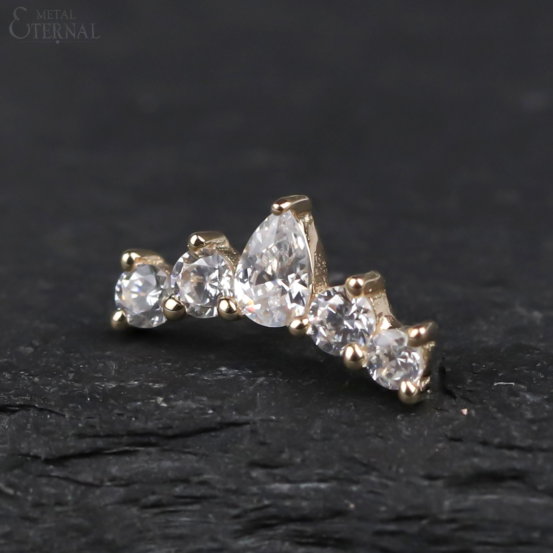 14KT Gold Threadless with 5 Prong Set Tear CZ Piercing Ends