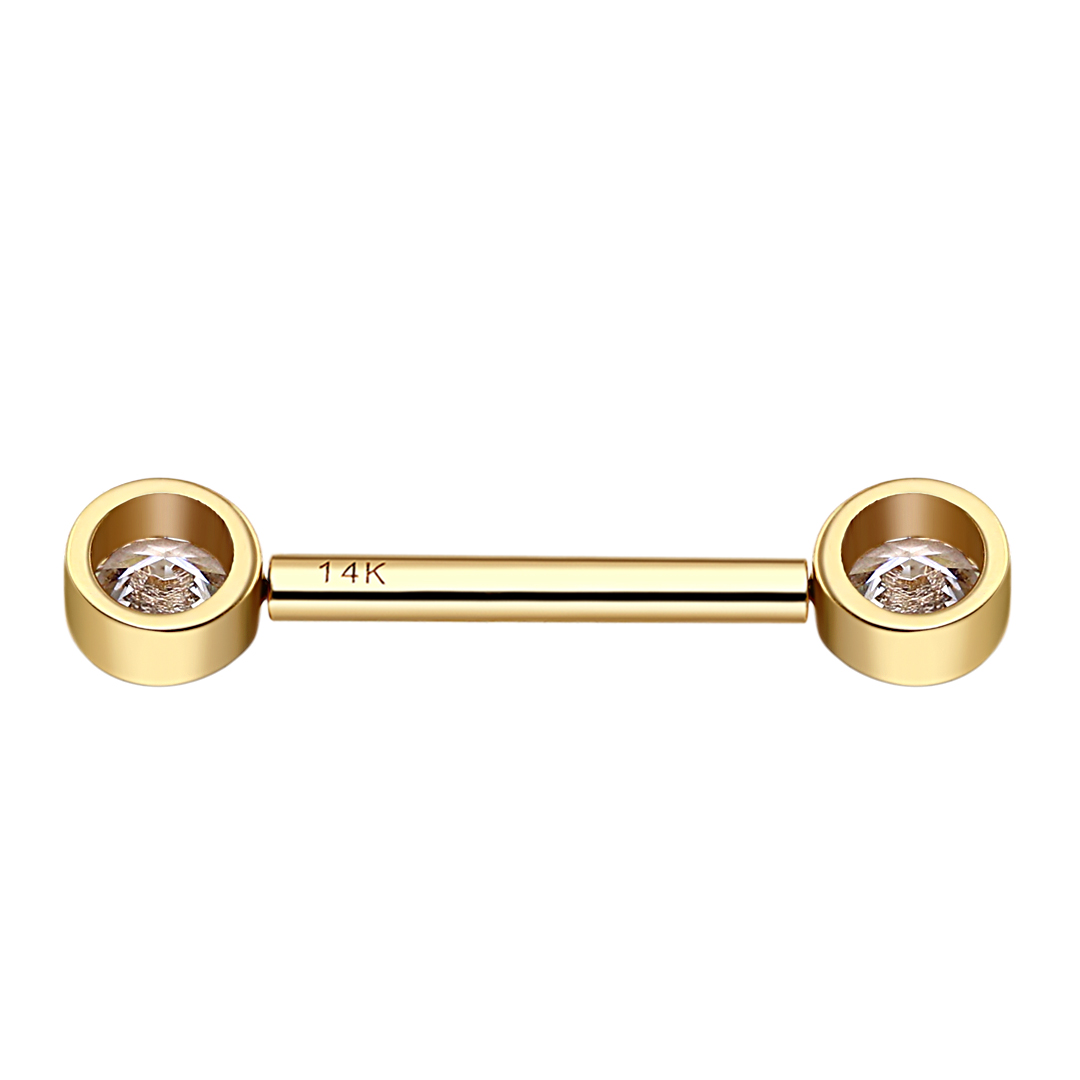 14K Solid Gold Threadless Nipple Bar With Round CZ 