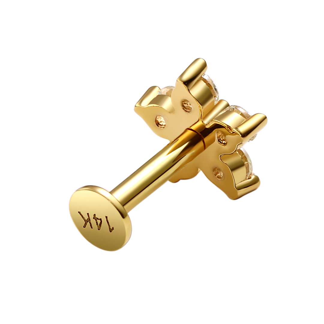 14K Solid Gold Internally Threaded Labret Studs With Flower Sheped Tops