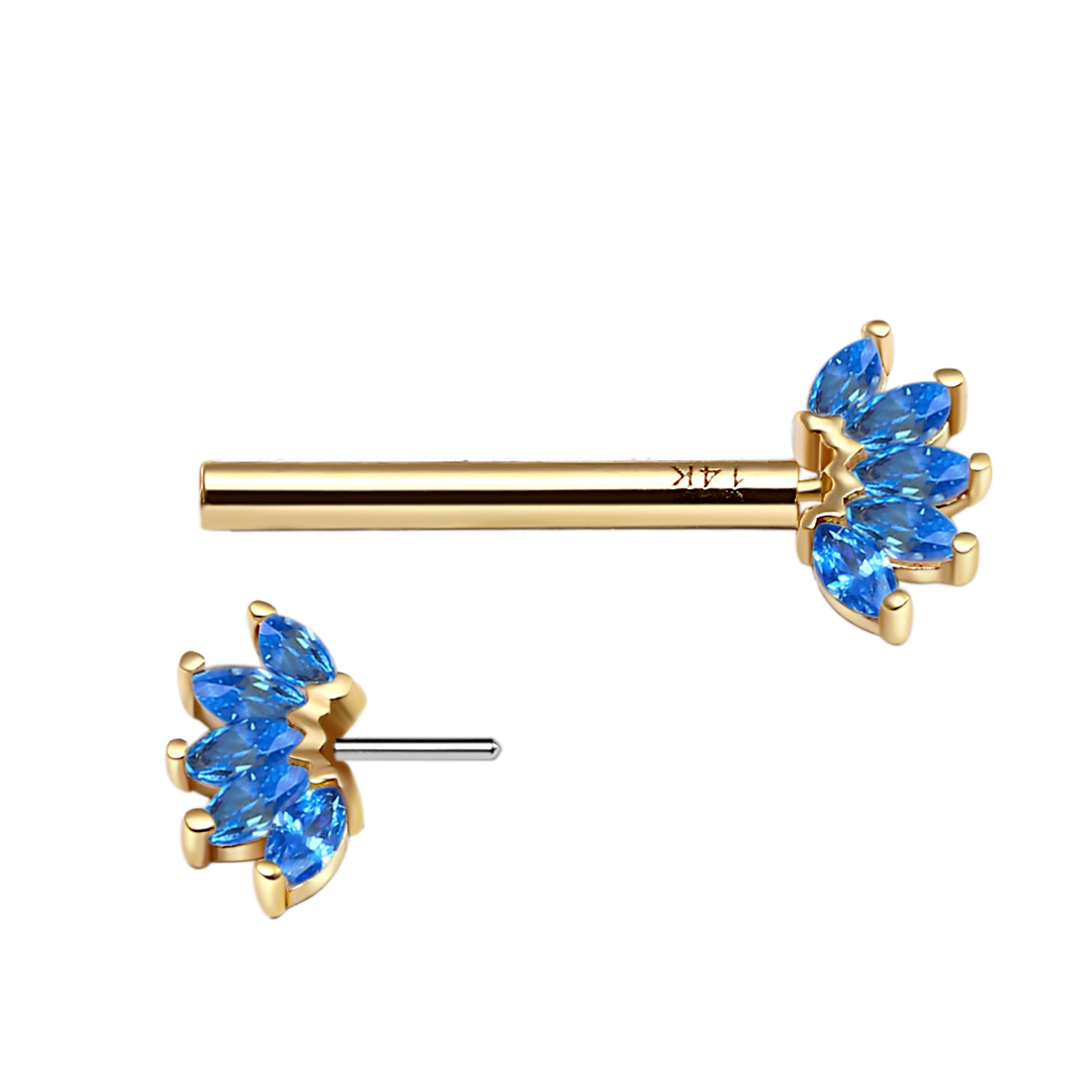 14K Solid Gold Threadless Nipple Bar With 5 Marquise CZ 