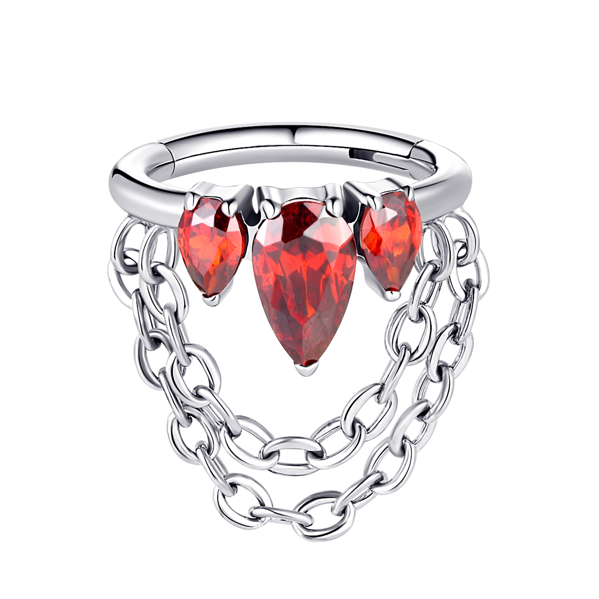 ASTM F136 Titanium Red Pear CZ Paved With Dangling Chain Hinged Segment Ring