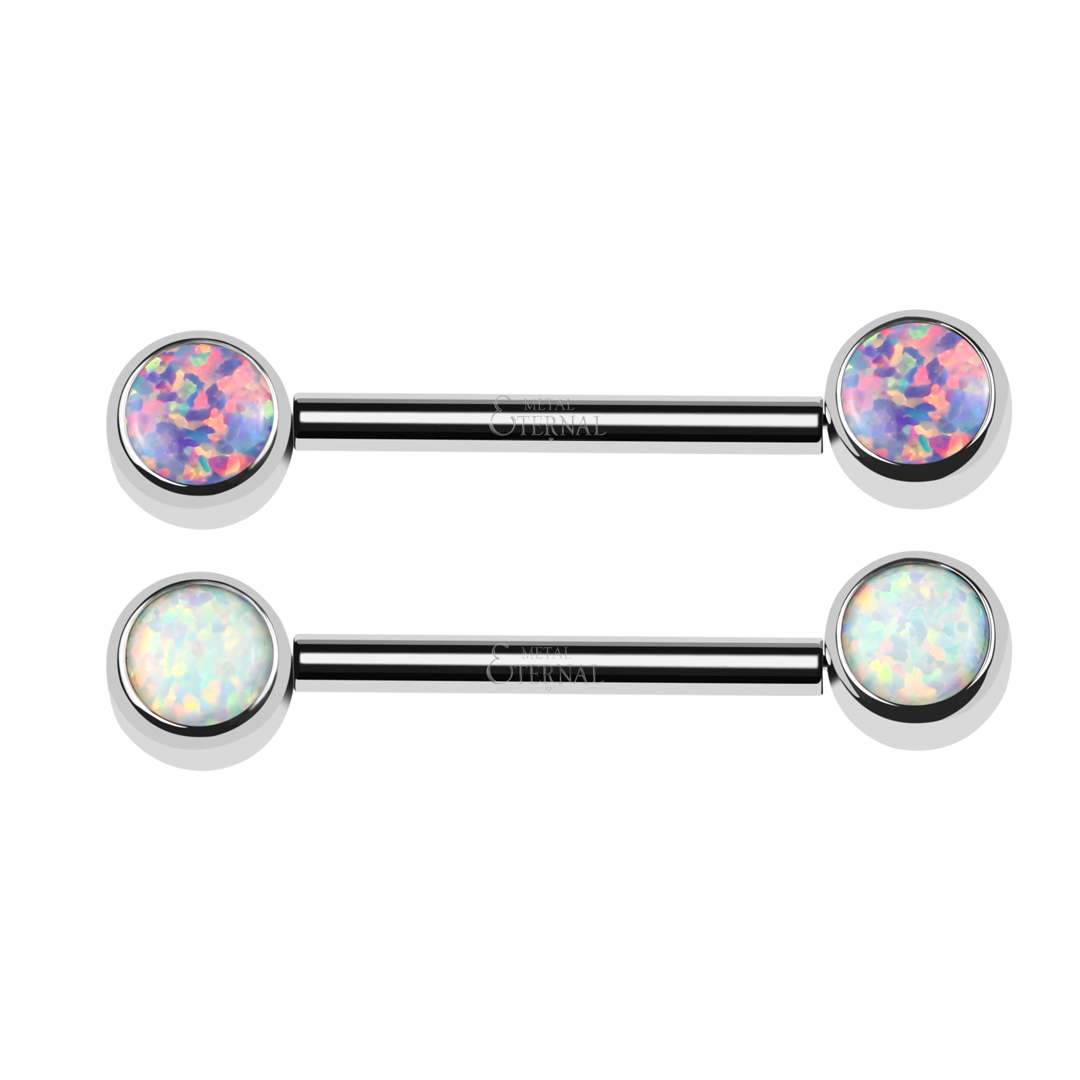 Titanium Both Side Threadless Bezel Set Opal Nipple Piercing