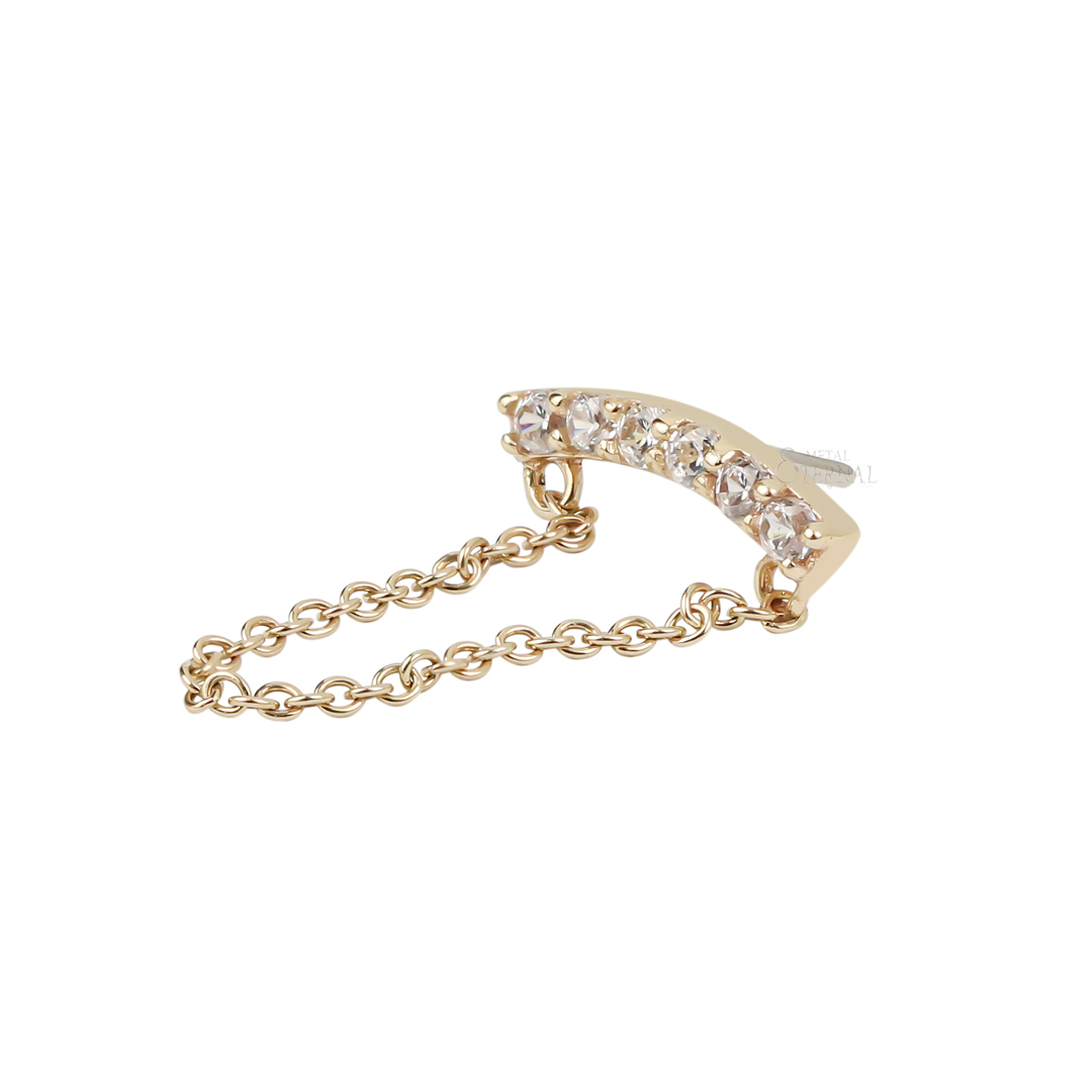 14KT Gold Threadless Curved CZ Bar Top with Dangle Chain