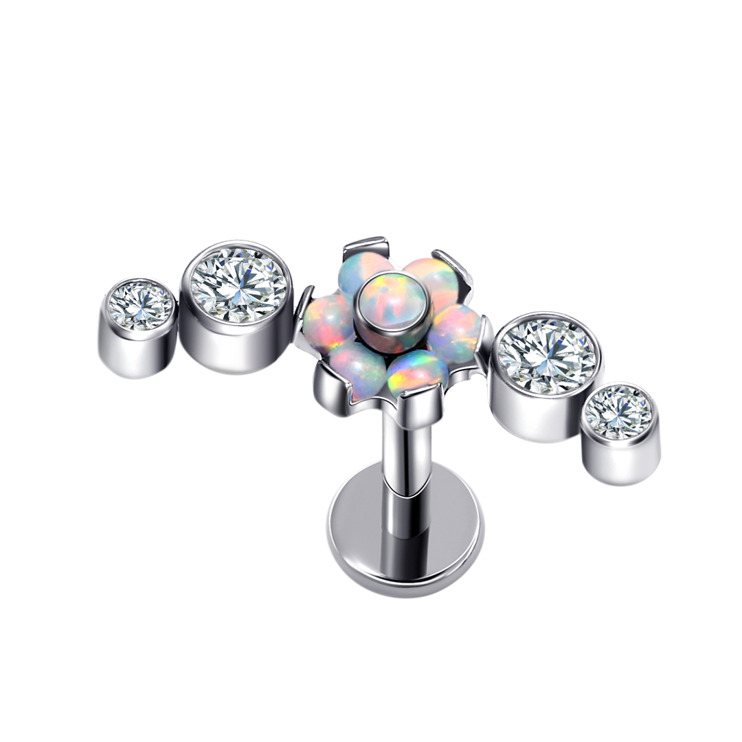 ASTM F136 Titanium Opal Flower + CZ stones Threaded Labret