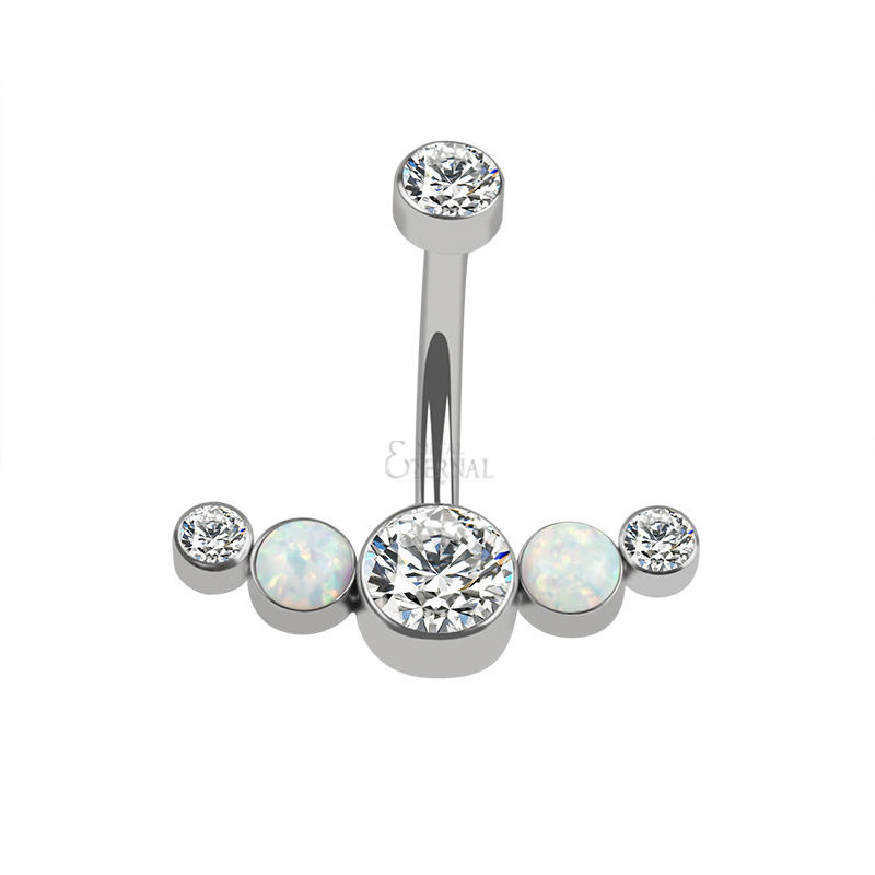 Titanium Internally Threaded with Bezel CZ And Opal Cluster Fixed Belly Piercing