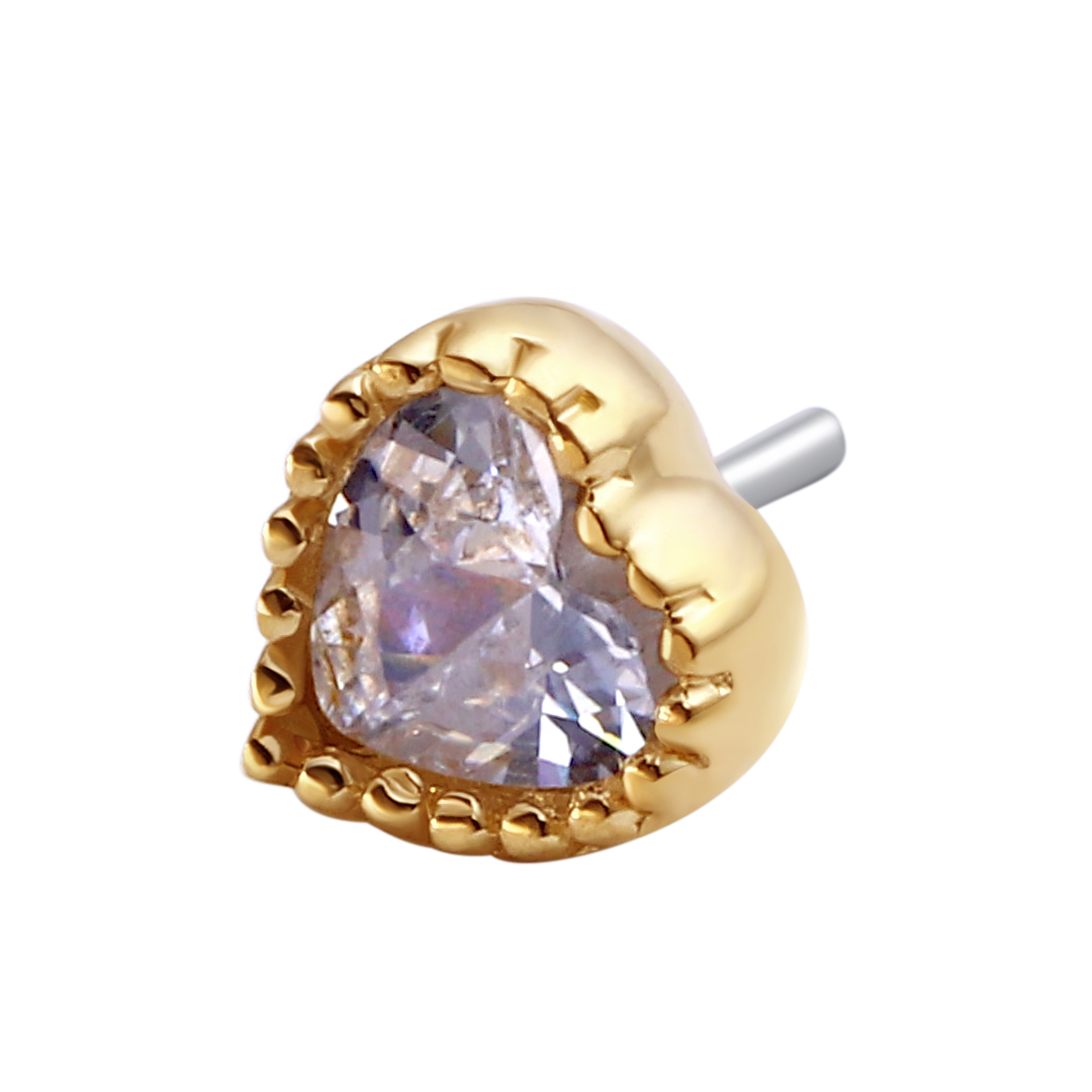 14K Solid Gold Threadless Heart Shape Ends With Zircon